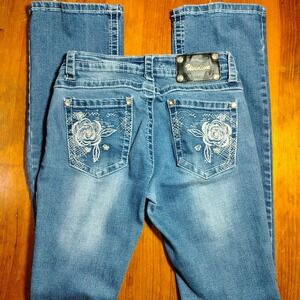 Vividiva Jeans Rhinestone Embellished Rose Pocket Flared Denim western Y2K 90's